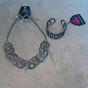 Brushed Silver Tone Necklace, Earrings and Bracelet Set